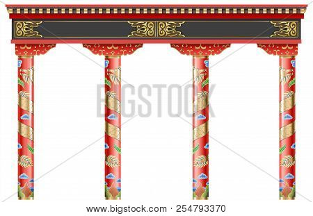 Eastern Chinese Arch. Carved Red Gold Columns