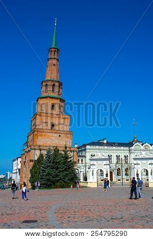 Kazan, Russia - August, 21, 2018: view of the leaning tower Syuyumbike in Kazan Kremlin, Russia 