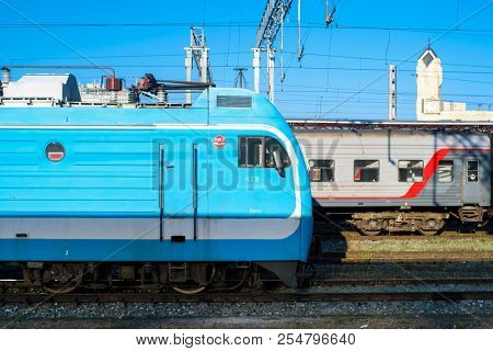Kazan, Russia - August, 20, 2018: locomotives in railway station in Kazan, Russia