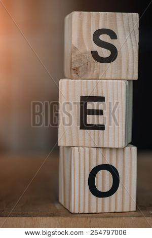 Close Up Of Wooden Blocks Making Seo Word. Search Engine Optimization