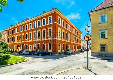 Scenic View At Old Historical Building In Karlovac Town, Central Croatia.