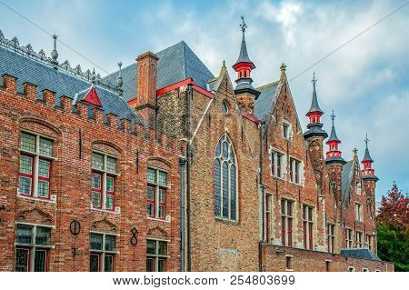Bruges, Belgium - October 13, 2015: Architectural Facade Detail At Old Buildingas Placed In Bruges, 