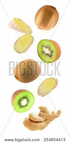 Levity Kiwi Fruits And Ginger Floating In The Air