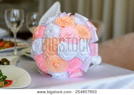 Weding Bouquet On A Table Beautiful Roses Flowers On White Table