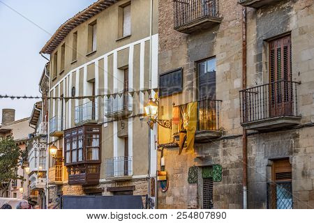 Main Street With Its Old Buildings Of The Medieval Town Of Olite. Navarre Spain