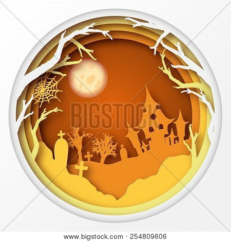 Paper Art Halloween Background With Haunted House, Fool Moon, Cemetery With Graves, Dead Tree Branch