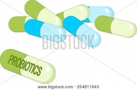 Capsules With Green Probiotics Bacteria. Concept Of Healthy Nutrition Ingredient For Therapeutic Pur