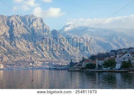 Beautiful Winter Meditarranean Landscape .  Montenegro,  View Of The Bay Of Kotor, The Snow-capped M
