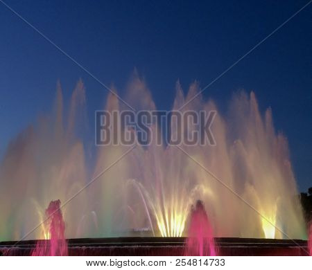 Colorful Fountain, Musical Show Of A Colorful Fountain In Barcelona