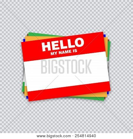 Blank Template Tag My Name Is. Different Color Blank Stickers White Label Isolated On Transparent Ba
