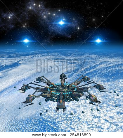 3d Rendering Of Spider-like Alien Spaceships In A Battle Above Earth, For Futuristic, Fantasy Or Int