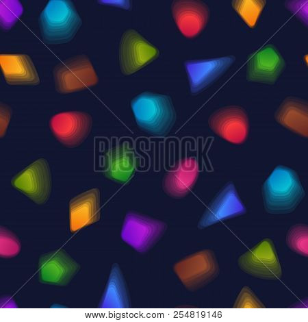 Geometric Seamless Pattern Of Colorful Transparent Figures On Dark Blue Backdrop. Abstract Continuou