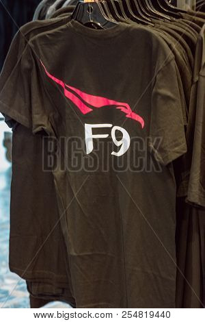 Cape Canaveral, Florida - August 13, 2018: Spacex Falcon 9 F9 Shirt At Nasa Kennedy Space Center