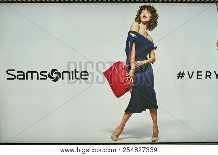 ROME, ITALY - CIRCA NOVEMBER, 2017:  Samsonite advertisement poster in Fiumicino International Airport 