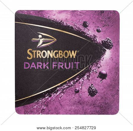 London, Uk - August 22, 2018: Strongbow Cider Paper Beermat Coaster Isolated On White Background.