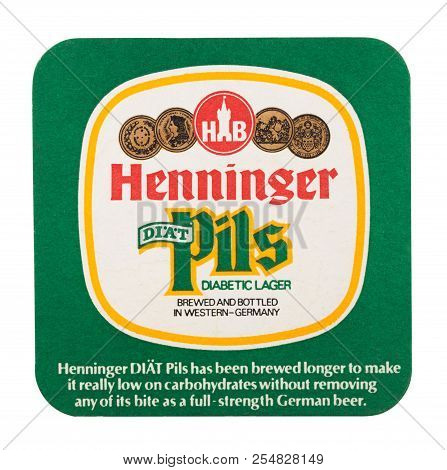 London, Uk - August 22, 2018: Henninger Pils Paper Beer Beermat Coaster Isolated On White Background