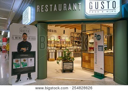 ROME, ITALY - CIRCA NOVEMBER, 2017: entrance to Gusto Restaurant in Fiumicino International Airport 