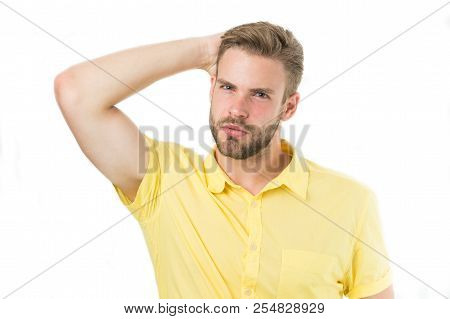 Life Without Dandruff. Healthy Hair. Guy Attractive Enjoy Hairstyle. Man Bearded Strict Face Enjoy F