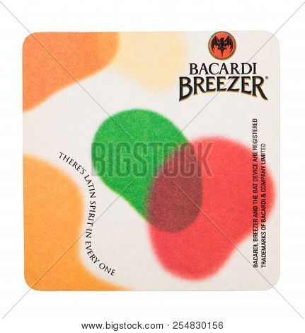 London, Uk - August 22, 2018: Bacardi Breezer Mix Cocktail Rum Paper Mat Coaster Isolated On White B
