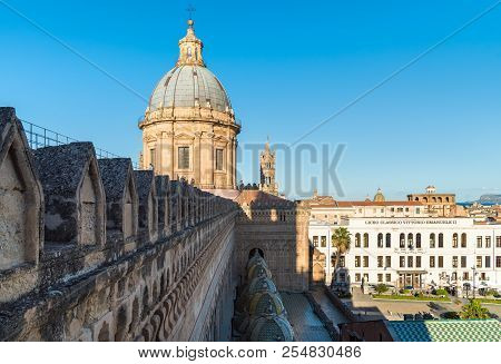 Palermo, Sicily, Italy - October 5, 2017: View Of Classic High School Vittorio Emanuele And Dome Of 