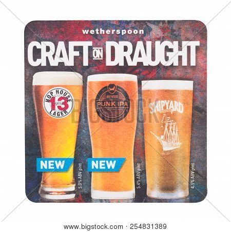 London, Uk - August 22, 2018: 13 Hop House Lager Brewdog Shipyard Paper Beer Beermat Coaster Isolate