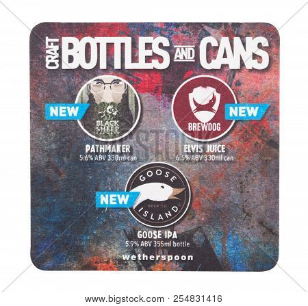 London, Uk - August 22, 2018: Brewdog Black Sheep Goose Island Paper Beer Beermat Coaster Isolated O