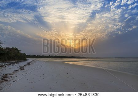 View Of A Beautiful Deserted Beach In The Island Of Orango At Sunset, In Guinea Bissau. Orango Is Pa