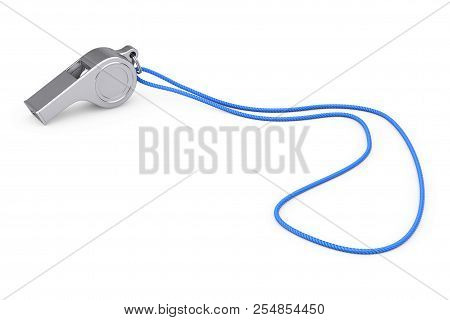 Classic Metal Coaches Whistle With Rope On A White Background. 3d Rendering