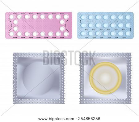 Contraception Day Control Pill Medication Oral Test Icons Set. Realistic Illustration Of 4 Contracep