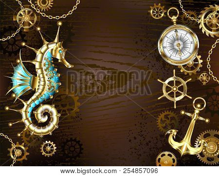 Brown Wooden Background With Sea, Mechanical Ridge, An Antique Steering Wheel,  Golden Anchor And Va
