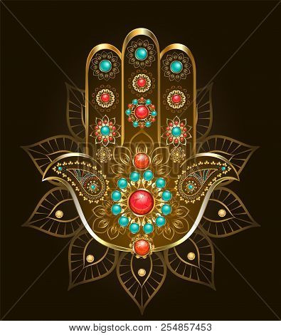 Esoteric, Oriental Symbol Hand Hamsa Of Gold With Turquoise And Jasper On Black Background.