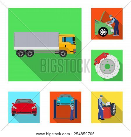 Car, Lift, Pump And Other Equipment Flat Icons In Set Collection For Design. Car Maintenance Station