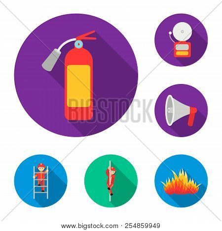 Fire Department Flat Icons In Set Collection For Design. Firefighters And Equipment Vector Symbol St
