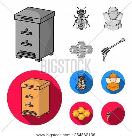 The Bee, The Bee-keeper In The Mask, The Honeycomb Of The Honey.apiary Set Collection Icons In Monoc