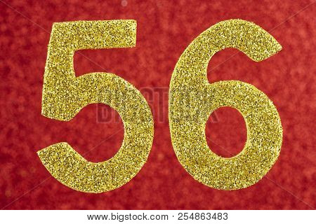 Number Fifty-six Golden Color Over A Red Background. Anniversary. Horizontal