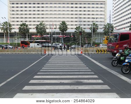 Jakarta, Indonesia - August 2, 2018: The Pelican Crossing At Jalan Thamrin Around Bundaran Hotel Ind