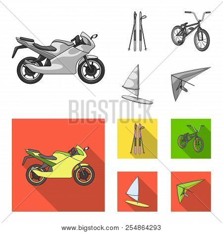 Motorcycle, Mountain Skiing, Biking, Surfing With A Sail.extreme Sport Set Collection Icons In Monoc
