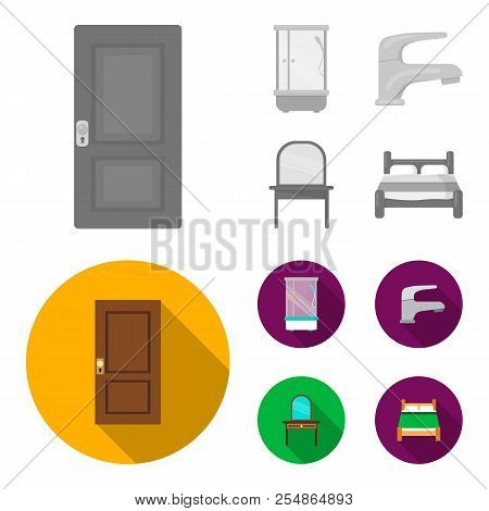 Door, Shower Cubicle, Mirror With Drawers, Faucet.furniture Set Collection Icons In Monochrome, Flat