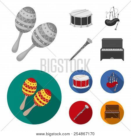 Maracas, Drum, Scottish Bagpipes, Clarinet. Musical Instruments Set Collection Icons In Monochrome, 