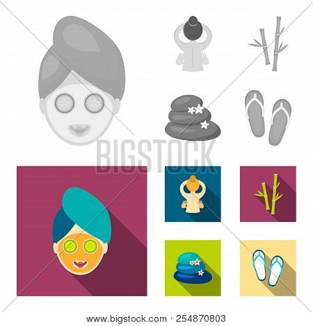 Face With A Cosmetic Mask With Cucumbers, Massage Hands, Bamboo, Stones With Lotus Flowers. Spa Set 