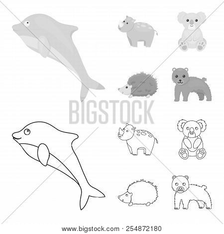 Rhino, Koala, Panther, Hedgehog.animal Set Collection Icons In Outline, Monochrome Style Vector Symb