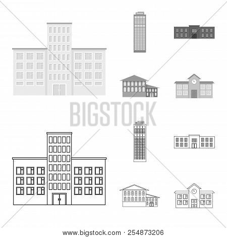 Skyscraper, Police, Hotel, School.building Set Collection Icons In Outline, Monochrome Style Vector 