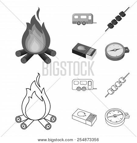 Trailer, Shish Kebab, Matches, Compass. Camping Set Collection Icons In Outline, Monochrome Style Ve