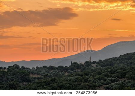Sunrise Over The Bell Tower Of The Ancient Convent Of Tuani Outside The Village Of Costa In The Bala