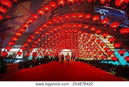 Bangkok, Thailand - February 09, 2017 - Colorful Red Chinese Lanterns Shine For New Year, Hanging Fo