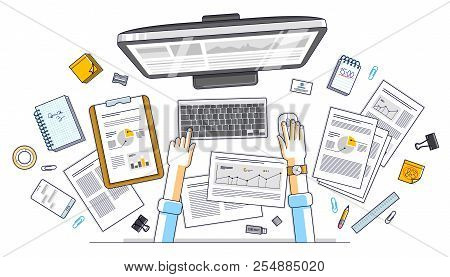 Business Analysis, Office Worker Or Entrepreneur Businessman Working On A Pc Computer And Papers Wit