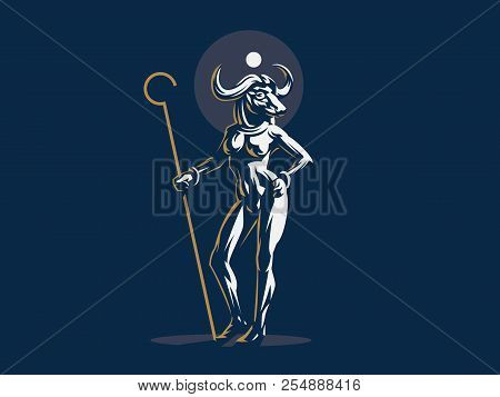 Egyptian Goddess Hathor. Woman Bull. Vector Illustration.