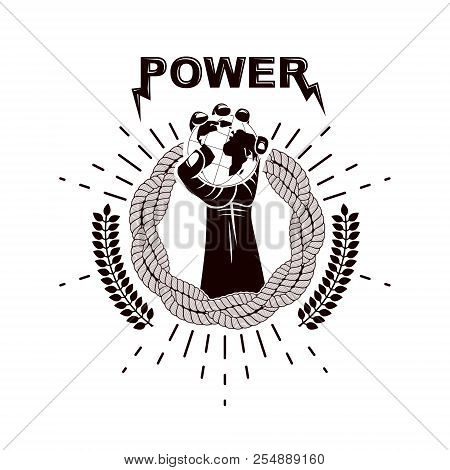 Vector Logo Composed Using Strong Muscular Raised Arm Surrounded By Rope And Holding Earth Globe. Au