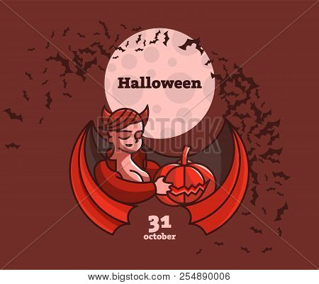 A Vampire Woman Is Holding A Pumpkin. Vector Illustration For Halloween Day.