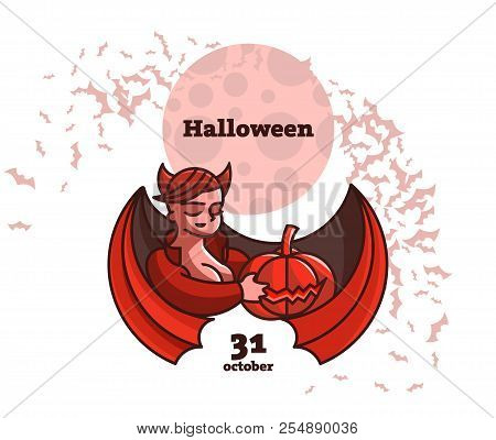 A Vampire Woman Is Holding A Pumpkin. Vector Illustration For Halloween Day.